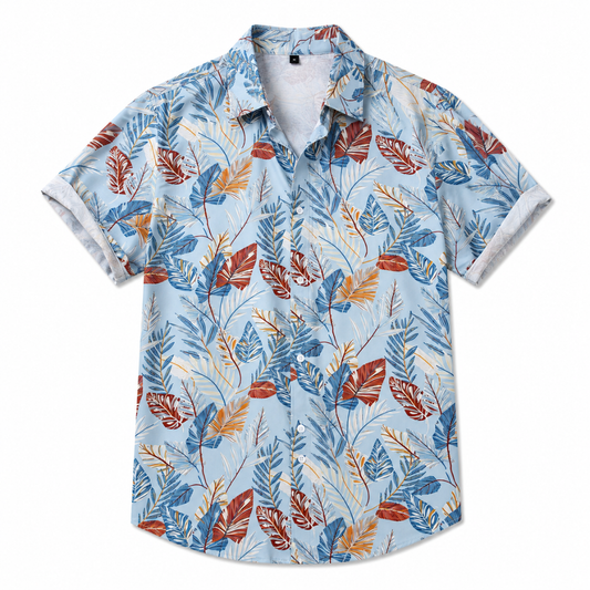 Vibrant Leaf Print Tropical Vacation Shirt