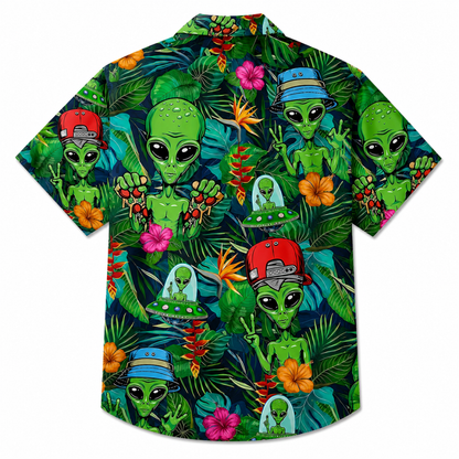 Alien Print Hawaiian Vacation Summer Shirt