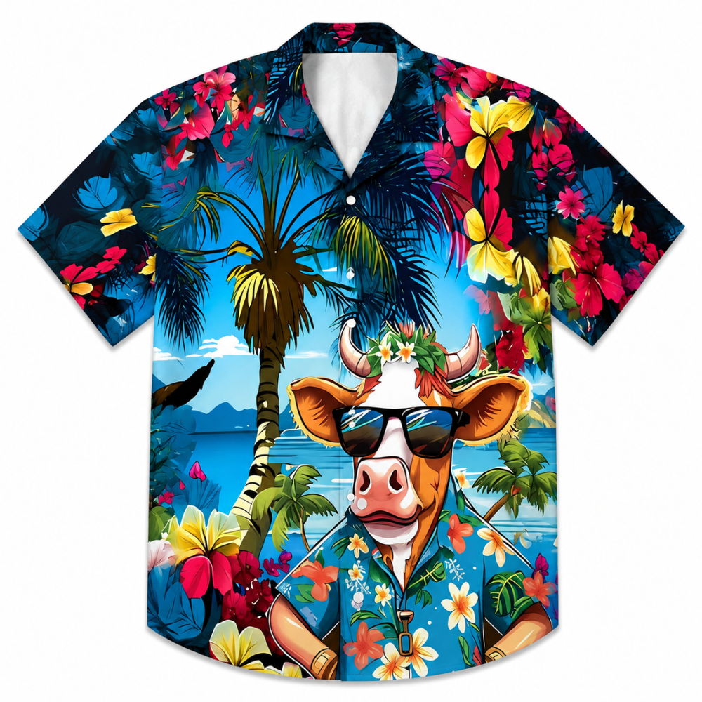 Men'S Tropical Cow Print Button-Up Shirt