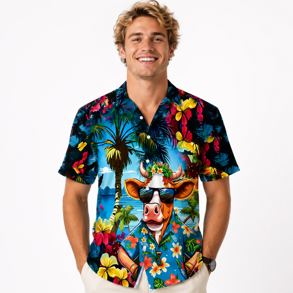 Men'S Tropical Cow Print Button-Up Shirt