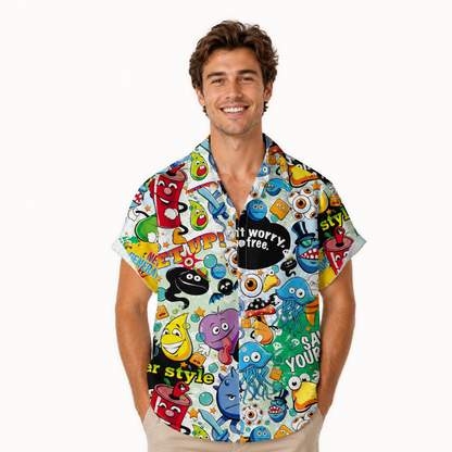 Cartoon Print Hawaiian Button-Up Shirt