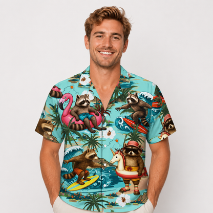 Retro Raccoon Flamingo Hawaiian Button Shirt