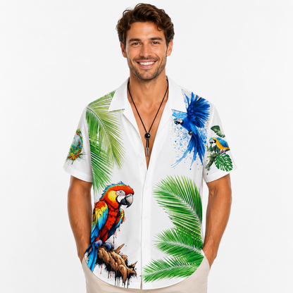 Palm Tree Parrot Hawaiian Button Beach Shirt