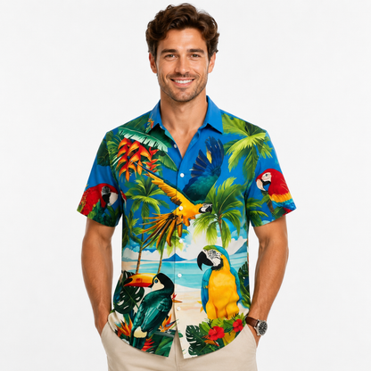 Vintage Animal Print Short Sleeve Button-Up Shirt