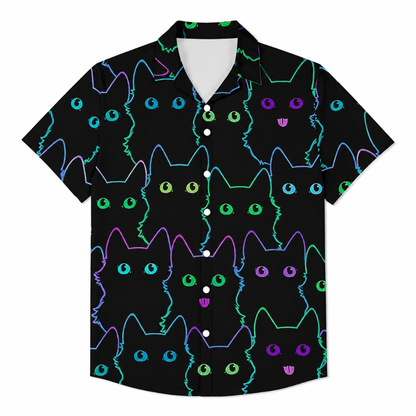 Men's Retro Neon Cat Print Hawaiian Shirt