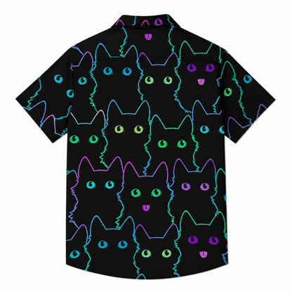 Men's Retro Neon Cat Print Hawaiian Shirt