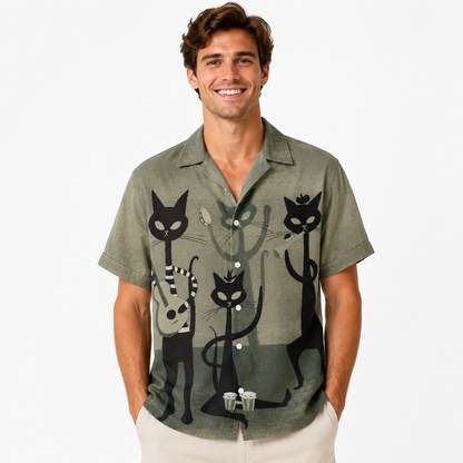 Men's Retro Cat Print Hawaiian Shirt