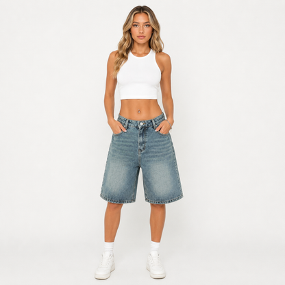 Women's Vintage Wash Wide Leg Bermuda Denim Shorts