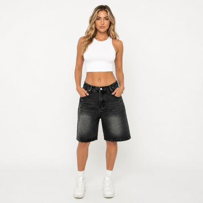 Women's Vintage Wash Wide Leg Bermuda Denim Shorts