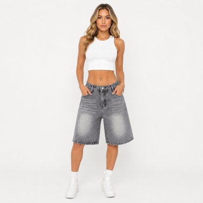 Women's Vintage Wash Wide Leg Bermuda Denim Shorts