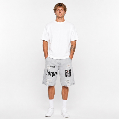 Men's Distressed Printed Denim Shorts