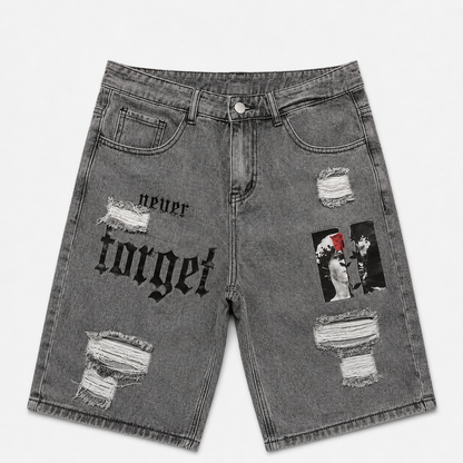 Men's Distressed Printed Denim Shorts