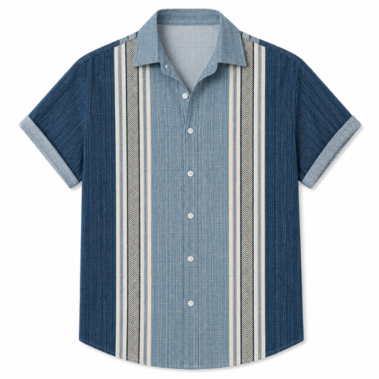 Striped Short Sleeve Lapel Button-Up Summer Shirt