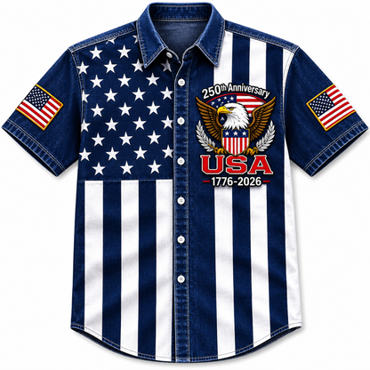 Patriotic Eagle Denim Print Button-Up Shirt