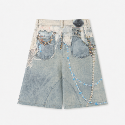 Pearl Charm Graphic Denim Shorts