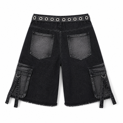 Men's Black Denim Cargo Shorts with Utility Pockets