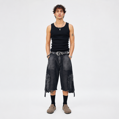 Men's Black Denim Cargo Shorts with Utility Pockets