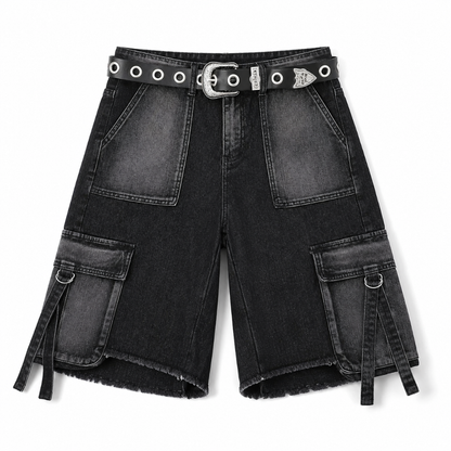 Men's Black Denim Cargo Shorts with Utility Pockets