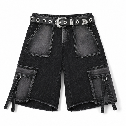 Men's Black Denim Cargo Shorts with Utility Pockets