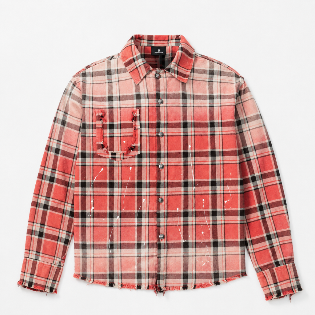 Mens Paint Splatter Plaid Frayed Hem Button Up Shirt