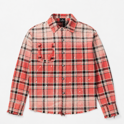 Mens Paint Splatter Plaid Frayed Hem Button Up Shirt