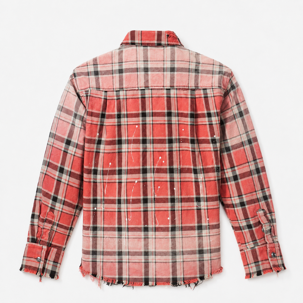 Mens Paint Splatter Plaid Frayed Hem Button Up Shirt