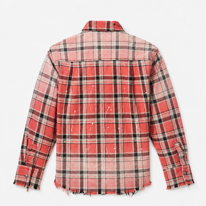Mens Paint Splatter Plaid Frayed Hem Button Up Shirt