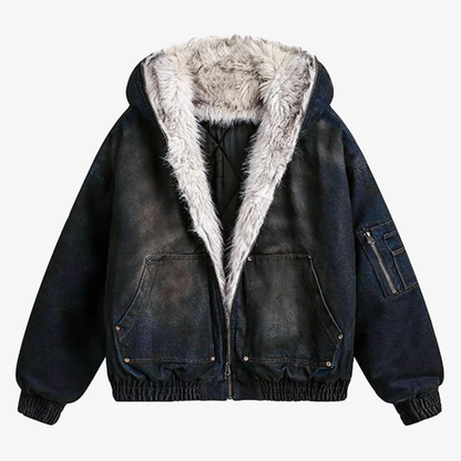 Washed Denim Fur Hooded Jacket