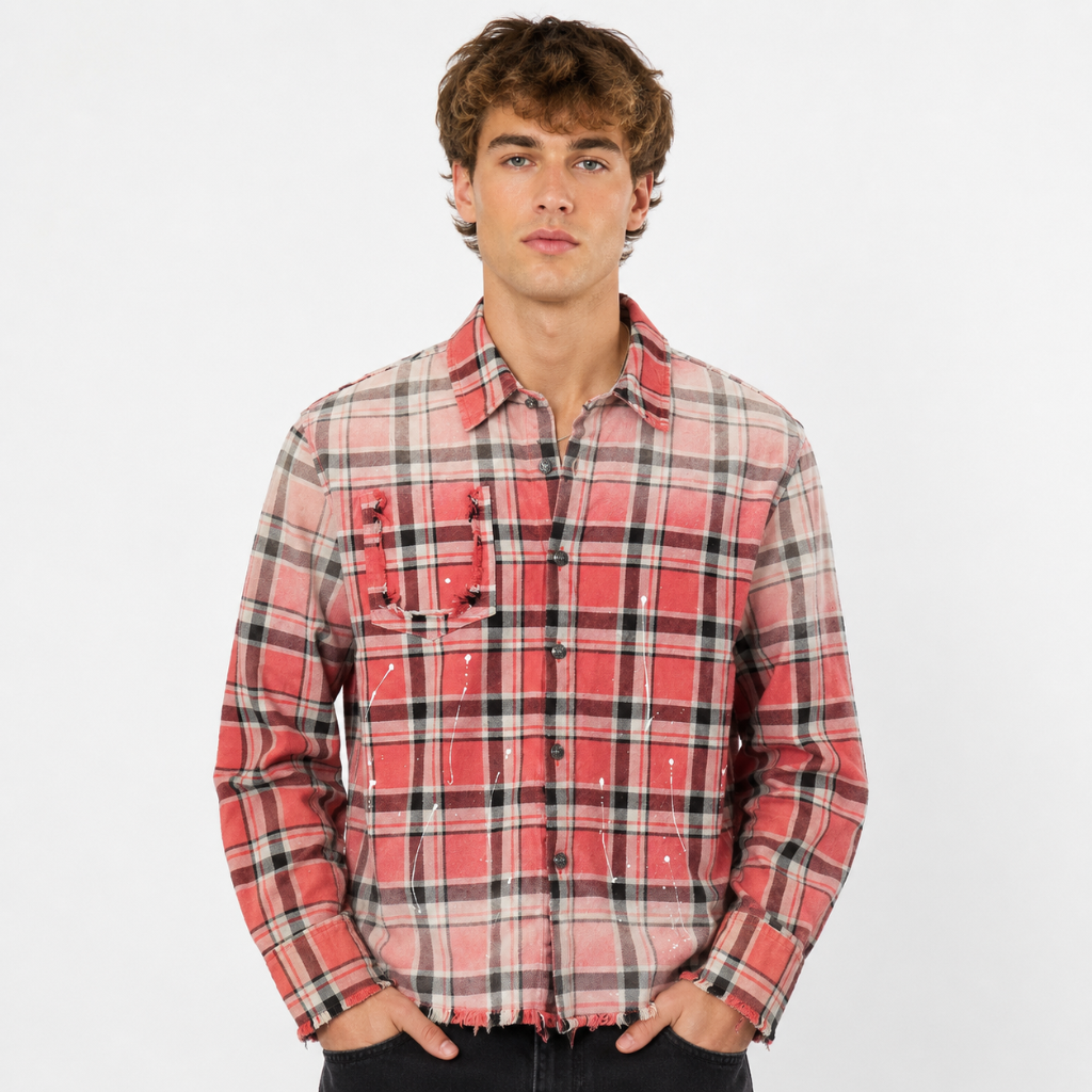 Mens Paint Splatter Plaid Frayed Hem Button Up Shirt