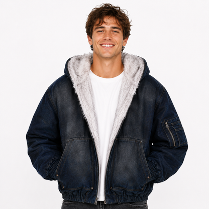 Washed Denim Fur Hooded Jacket