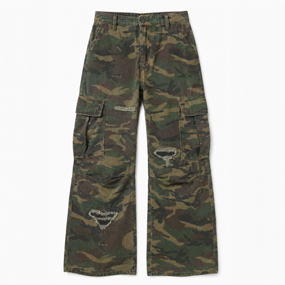 Mens Camouflage Ripped Flared Workwear Pants