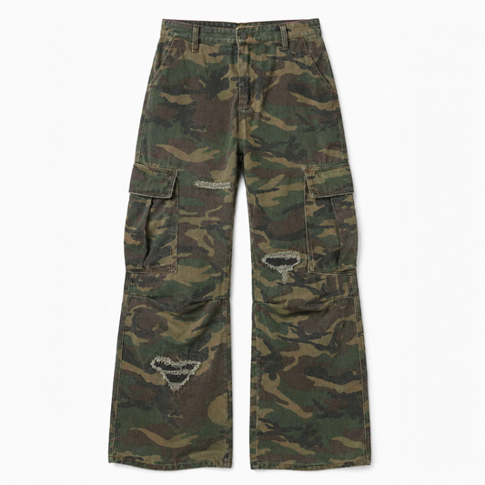 Mens Camouflage Ripped Flared Workwear Pants