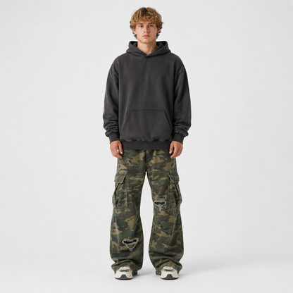 Mens Camouflage Ripped Flared Workwear Pants