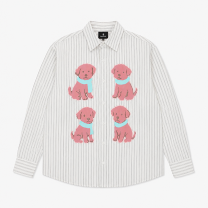 Puppy Graphic Striped Cotton Linen Shirt