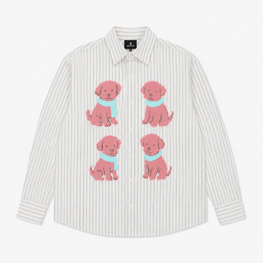 Puppy Graphic Striped Cotton Linen Shirt