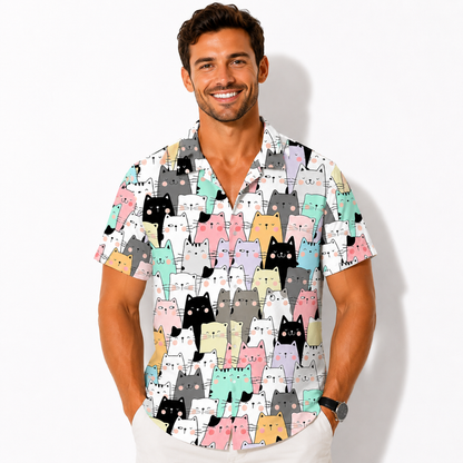Cartoon Cat Hawaiian Button Shirt