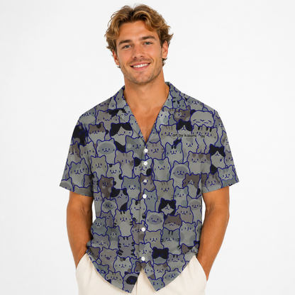 Men'S Casual Short Sleeve Cat Print Button-Up Shirt