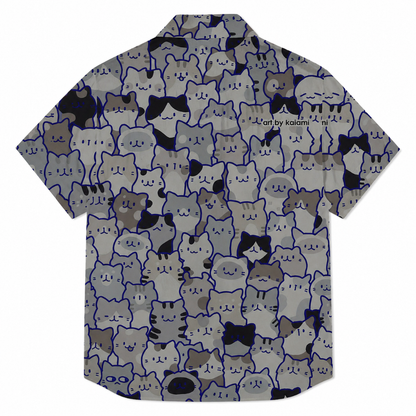 Men'S Casual Short Sleeve Cat Print Button-Up Shirt