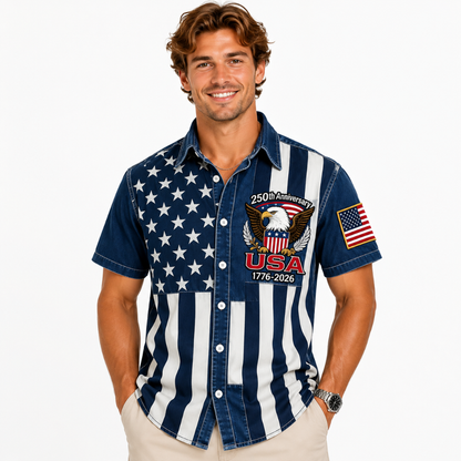 Patriotic Eagle Denim Print Button-Up Shirt